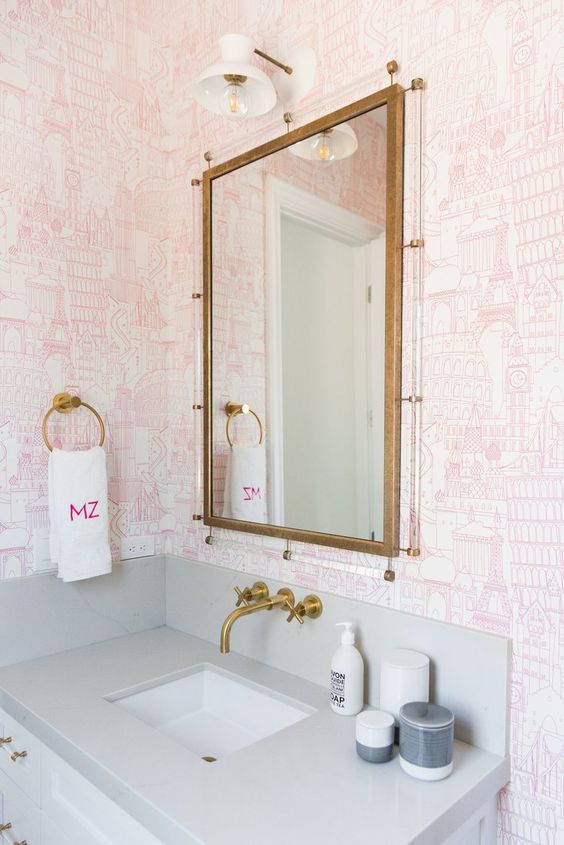 Pink Wallpaper Monogram Towels Bathroom