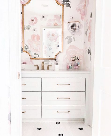 Pink Floral Wallpaper GIrls Bathroom