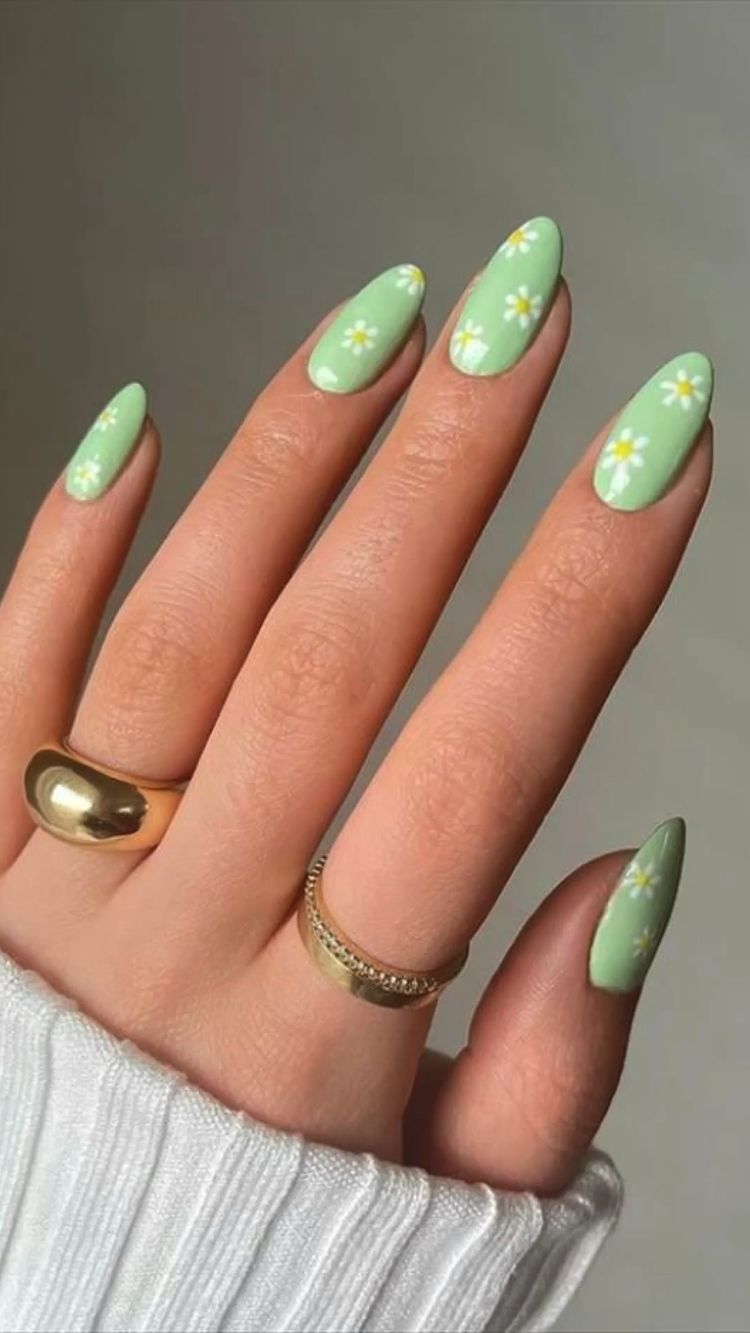 green flower nail art almond nail trend 2021