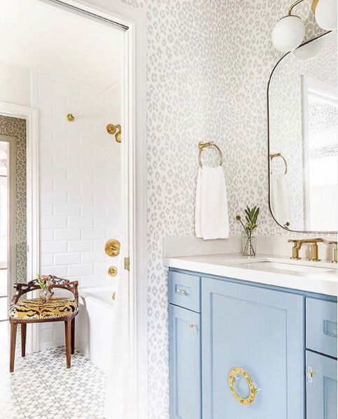 Blue Bathroom Vanity Leopard Wallpaper