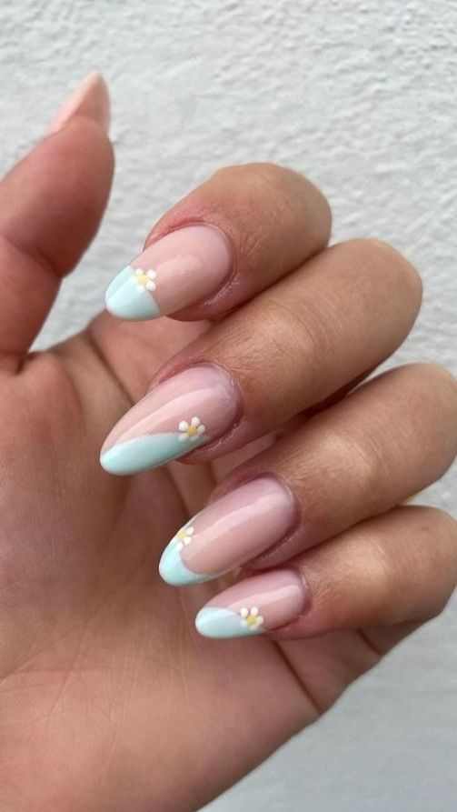 Flower french manicure almond nails 2021