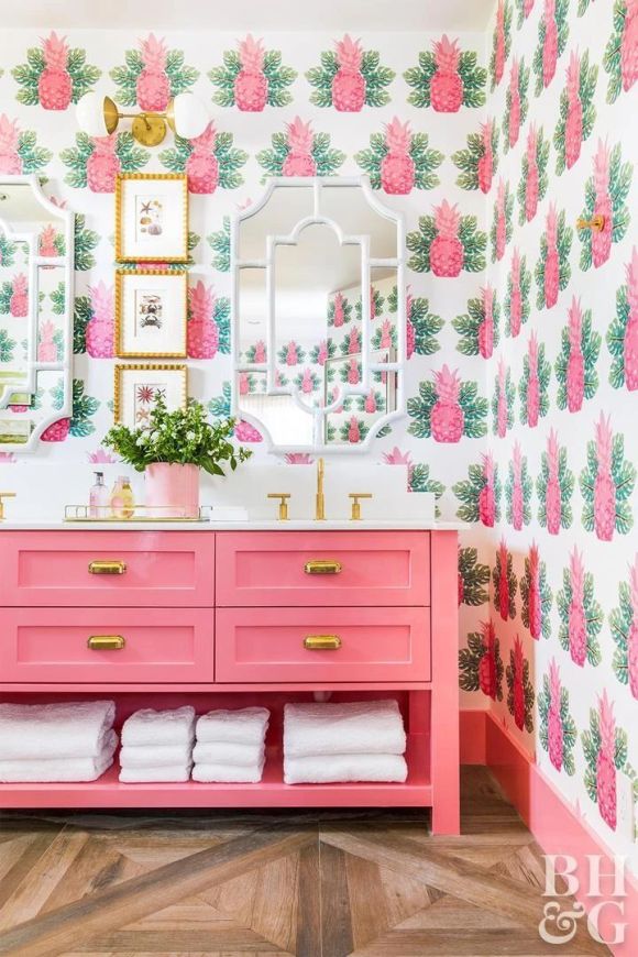 Hot Pink Pineapple Wallpaper Bathroom
