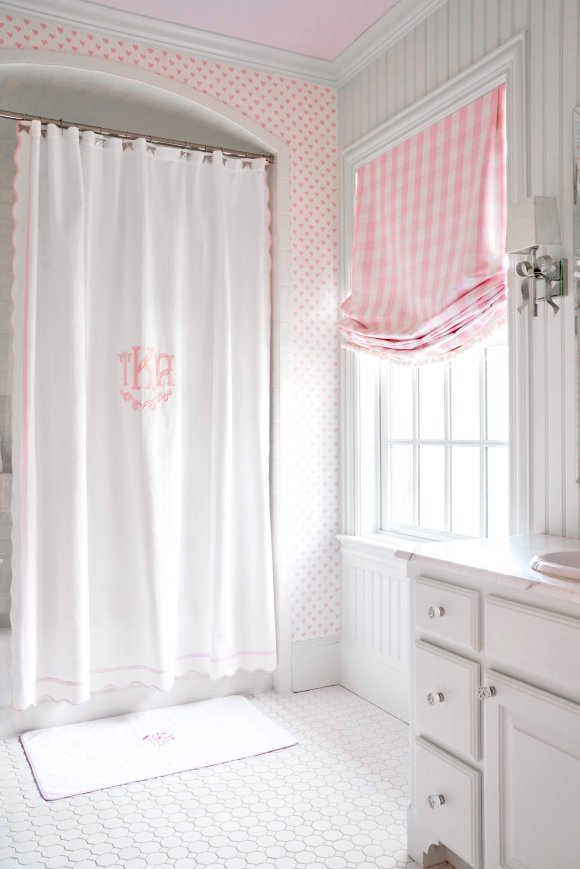 Embroidered Shower Curtain Gingham Girls Bathroom