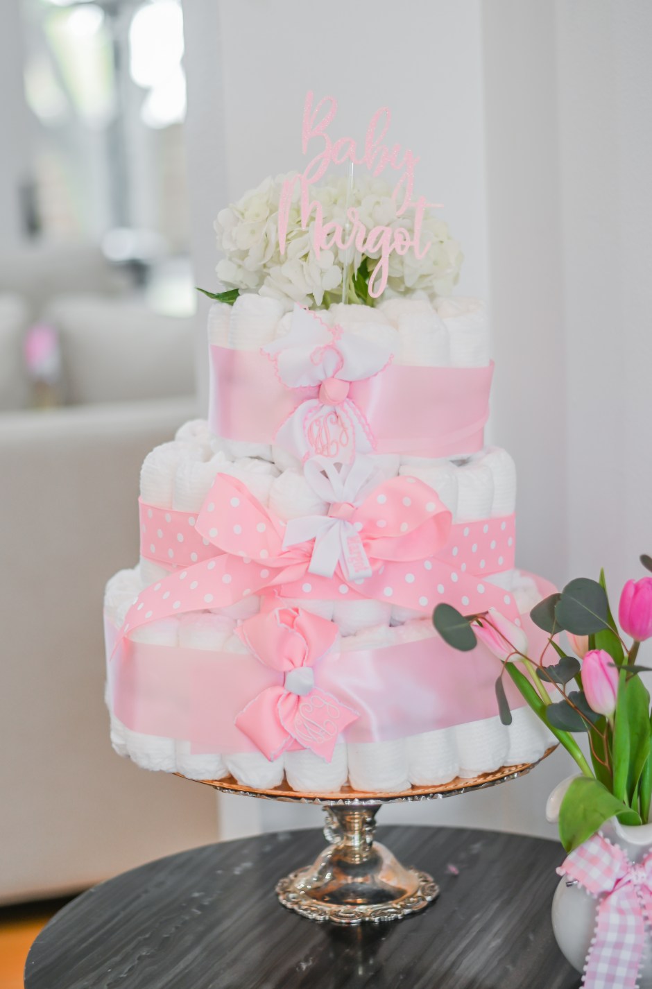 pink diaper cake flowers bows
